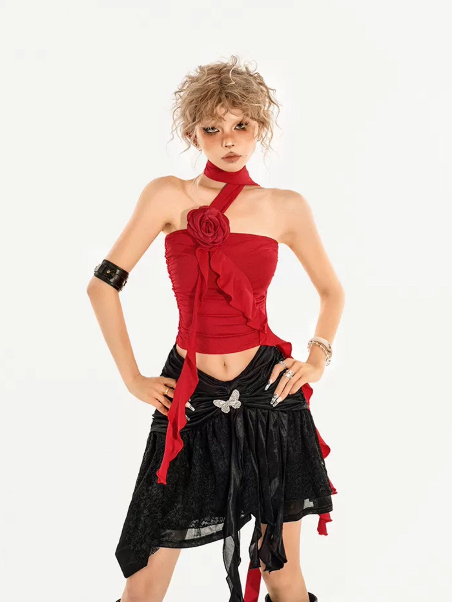 Nico Molly Asymmetric Slim Fit Streetwear Spaghetti Strap Short Solid Red Black Tube Tops