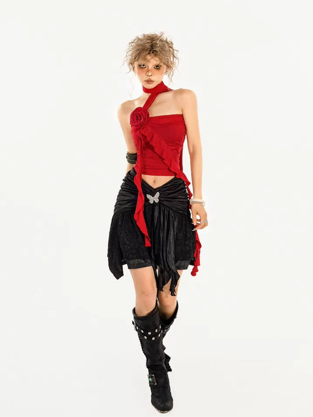 Nico Molly Asymmetric Slim Fit Streetwear Spaghetti Strap Short Solid Red Black Tube Tops