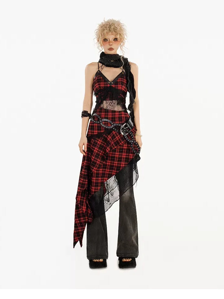 Nico Molly Asymmetric Street A Line Cinched Waist V U Neck Sleeveless Cami Red Midi Dresses