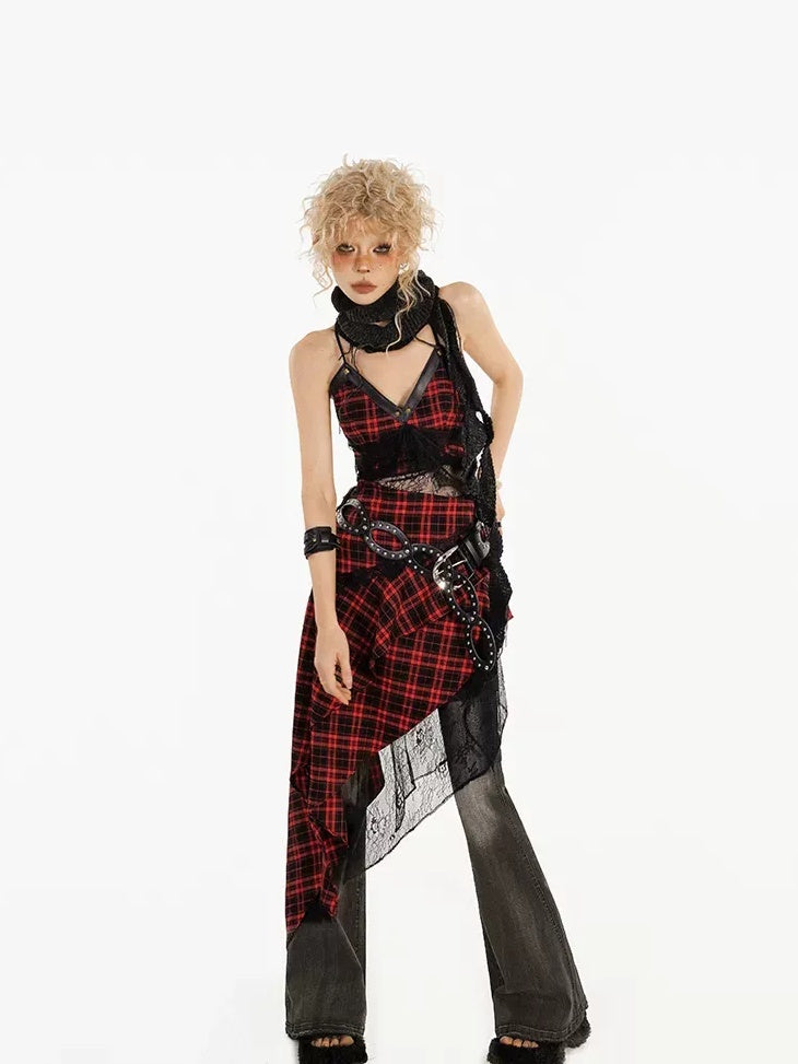 Nico Molly Asymmetric Street A Line Cinched Waist V U Neck Sleeveless Cami Red Midi Dresses