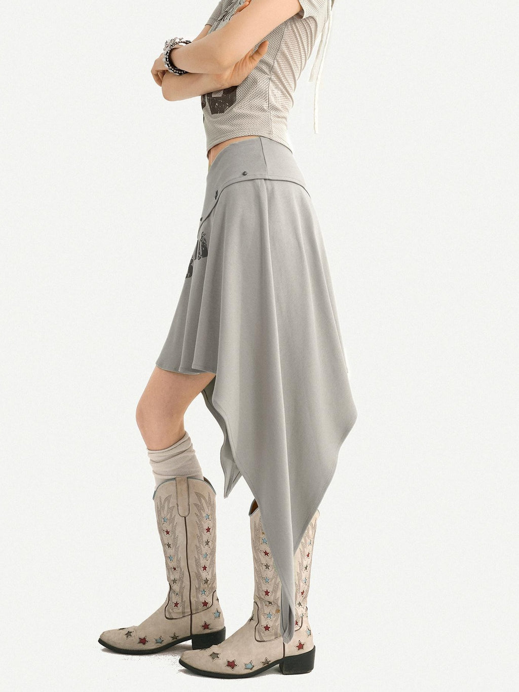 Nico Molly Asymmetrical Irregular Hem Slim Fit Mid Waist Side Zipper Blue Gray Midi Skirts