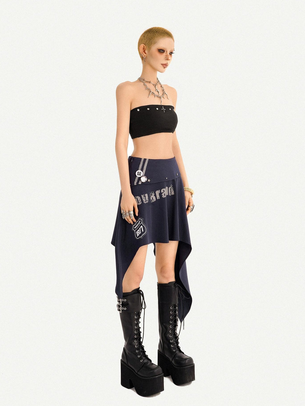 Nico Molly Asymmetrical Irregular Hem Slim Fit Mid Waist Side Zipper Blue Gray Midi Skirts