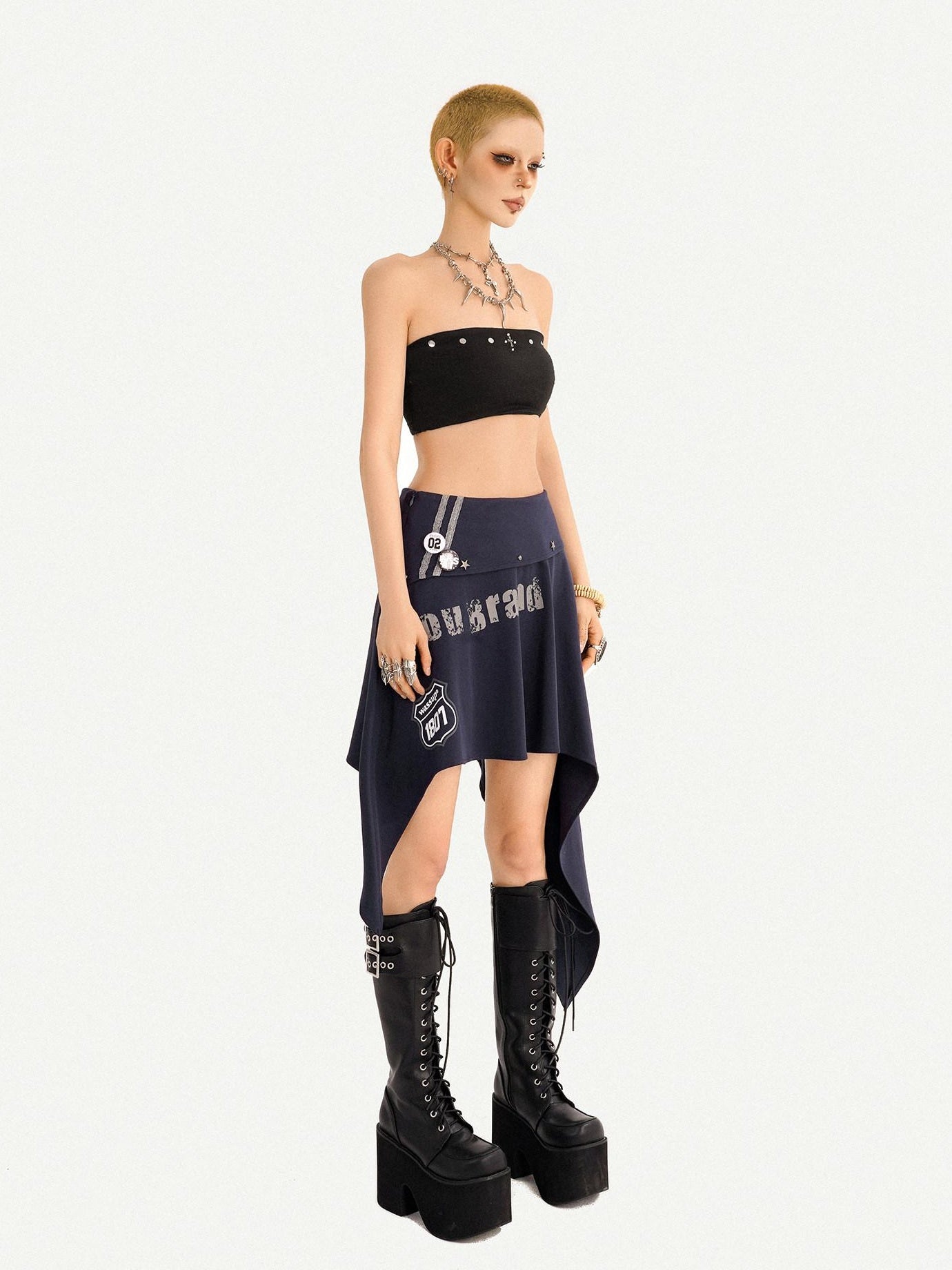 Nico Molly Asymmetrical Irregular Hem Slim Fit Mid Waist Side Zipper Blue Gray Midi Skirts