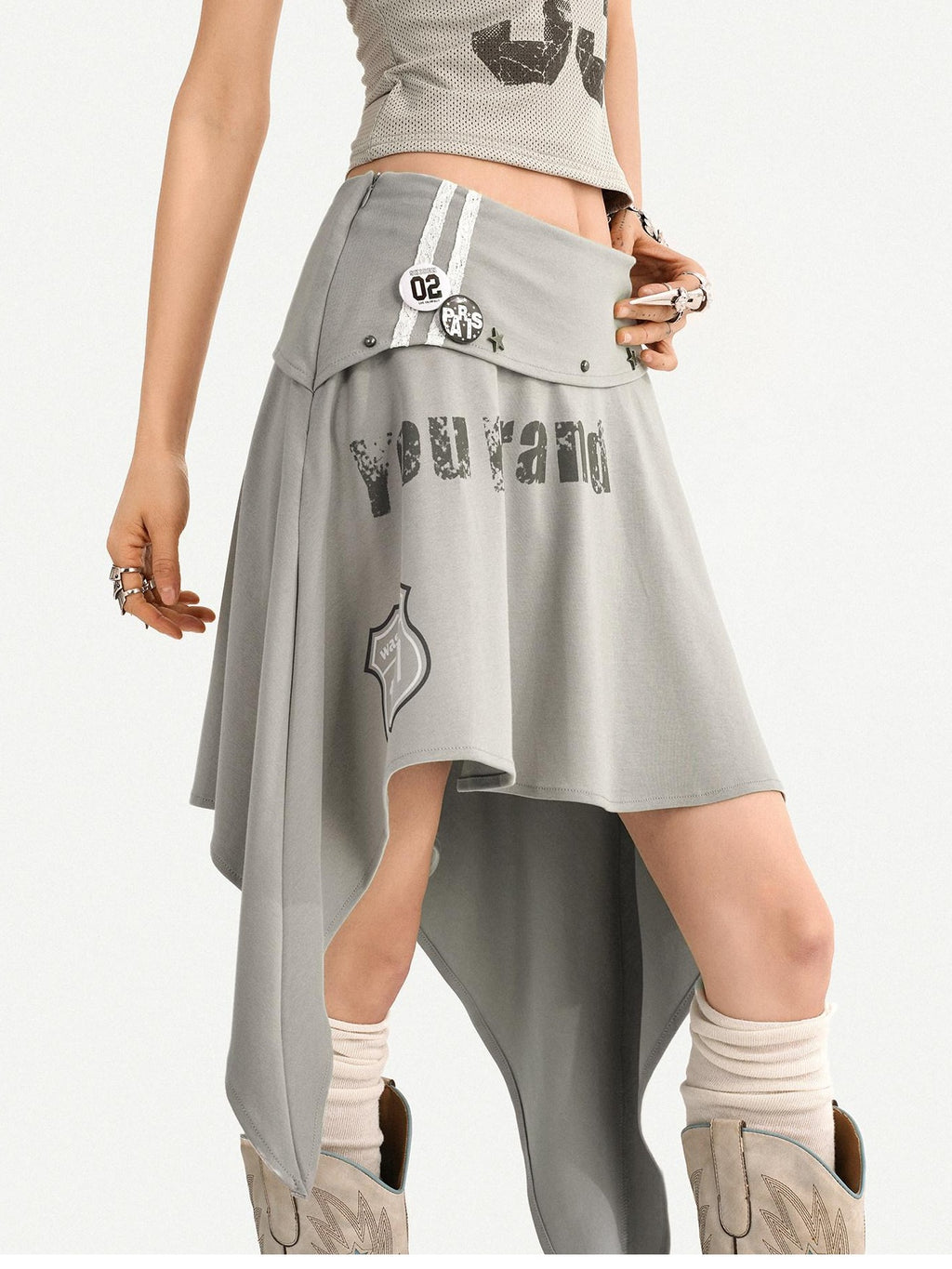 Nico Molly Asymmetrical Irregular Hem Slim Fit Mid Waist Side Zipper Blue Gray Midi Skirts