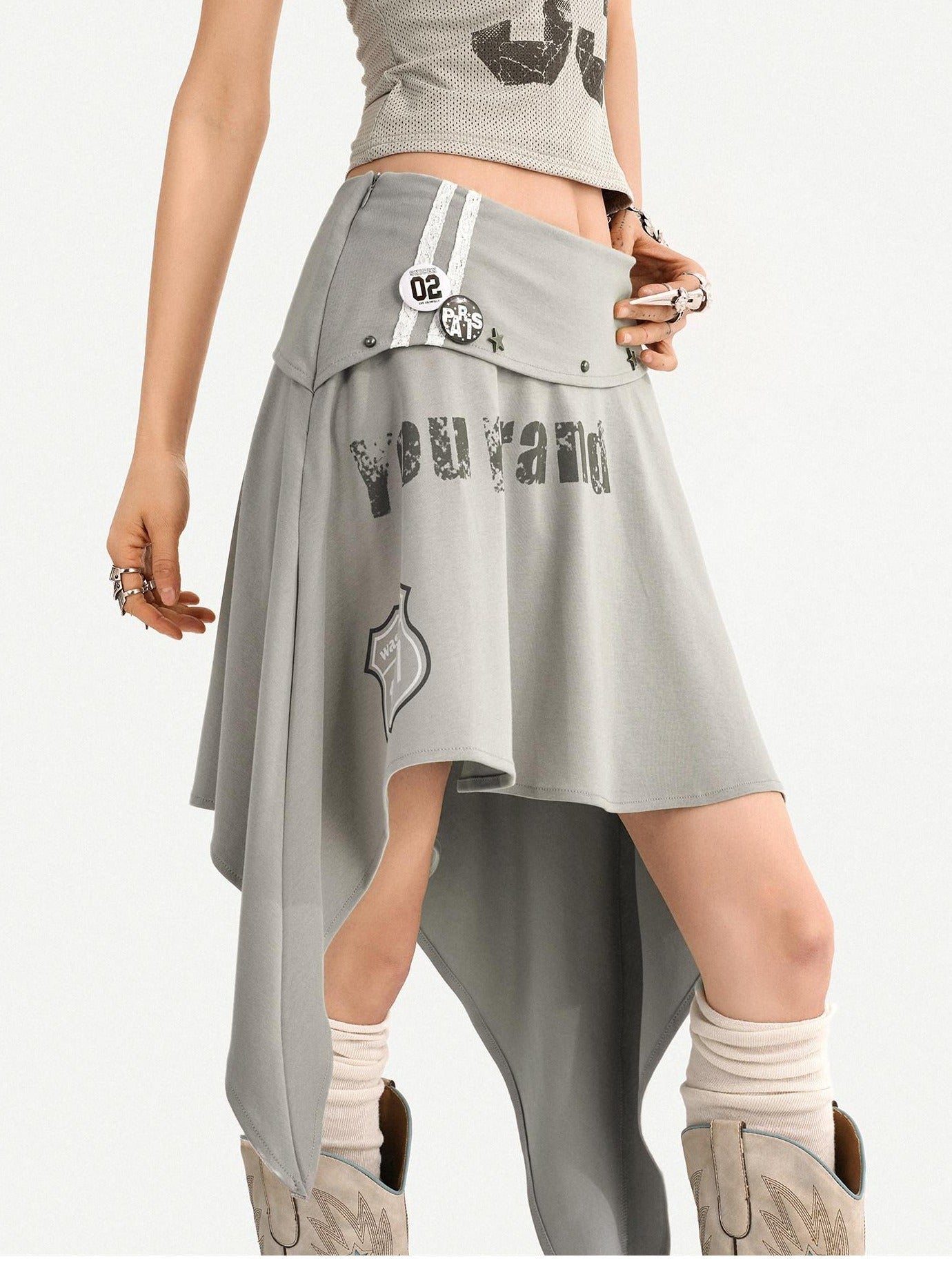 Nico Molly Asymmetrical Irregular Hem Slim Fit Mid Waist Side Zipper Blue Gray Midi Skirts
