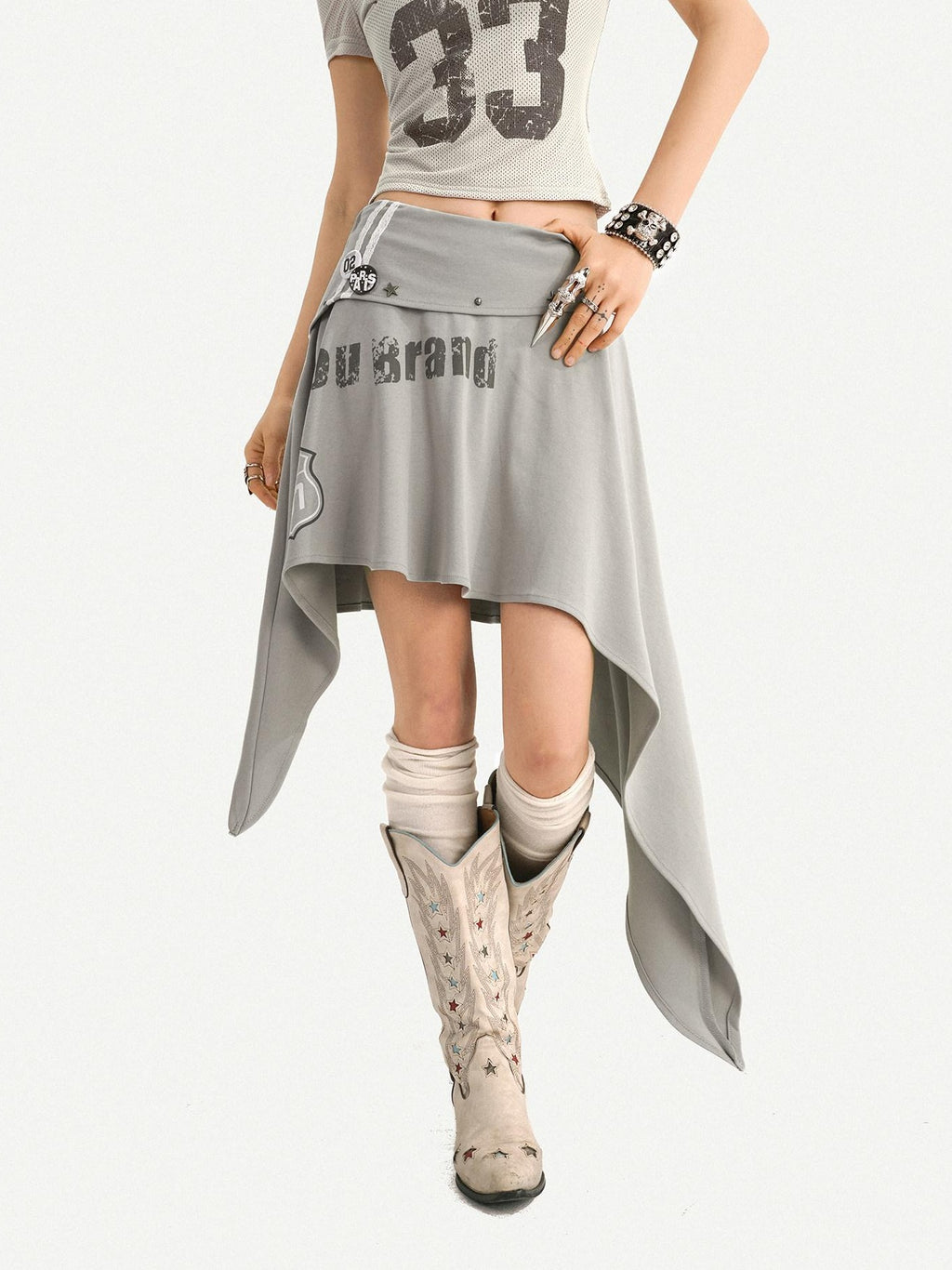 Nico Molly Asymmetrical Irregular Hem Slim Fit Mid Waist Side Zipper Blue Gray Midi Skirts