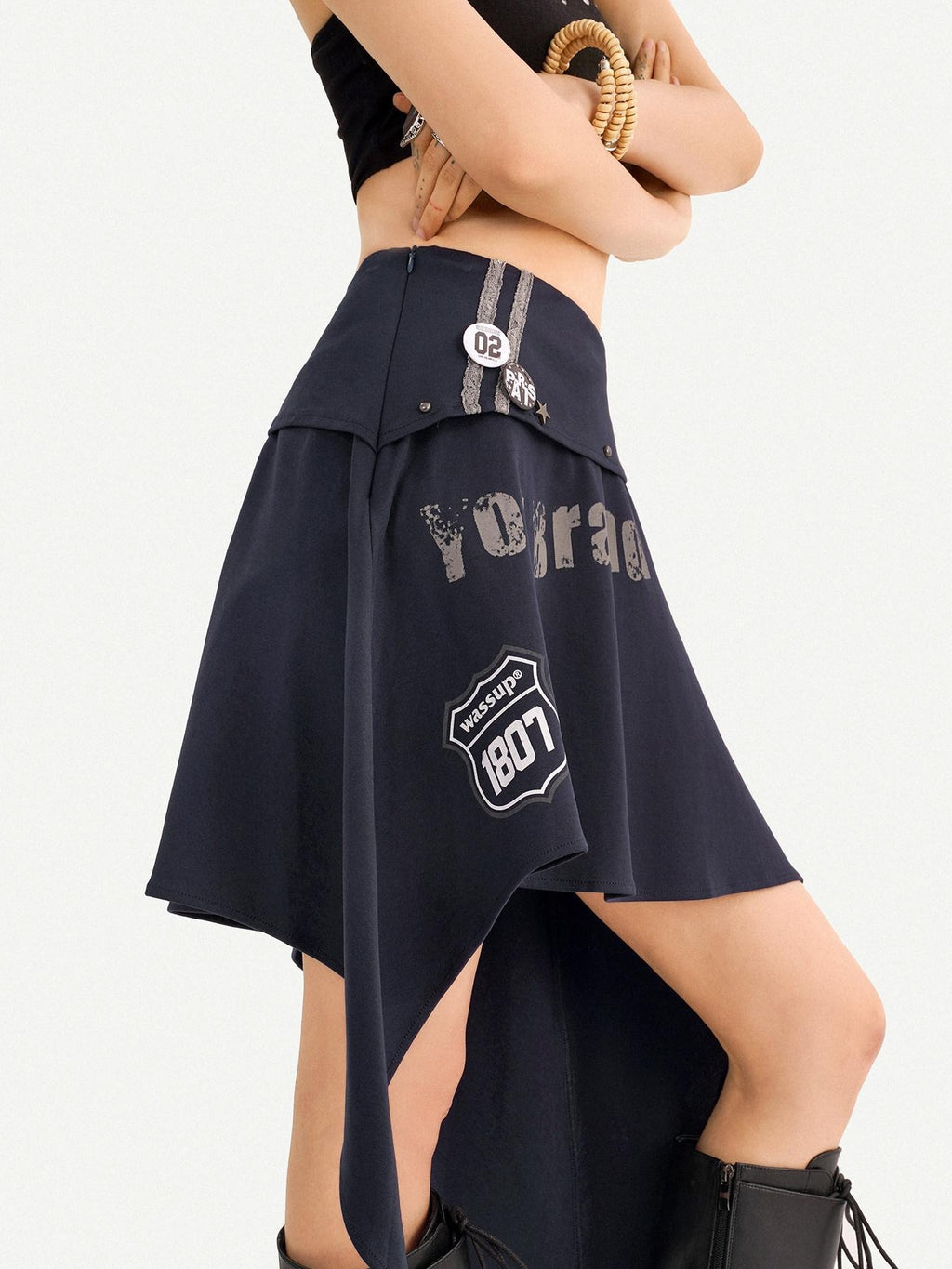 Nico Molly Asymmetrical Irregular Hem Slim Fit Mid Waist Side Zipper Blue Gray Midi Skirts