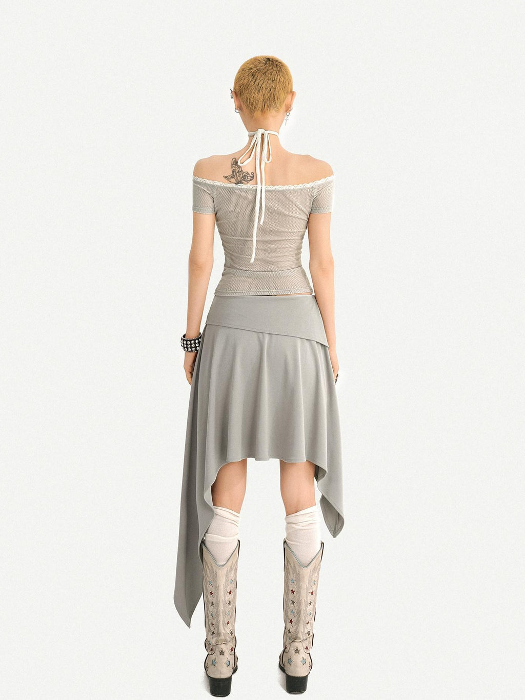 Nico Molly Asymmetrical Irregular Hem Slim Fit Mid Waist Side Zipper Blue Gray Midi Skirts