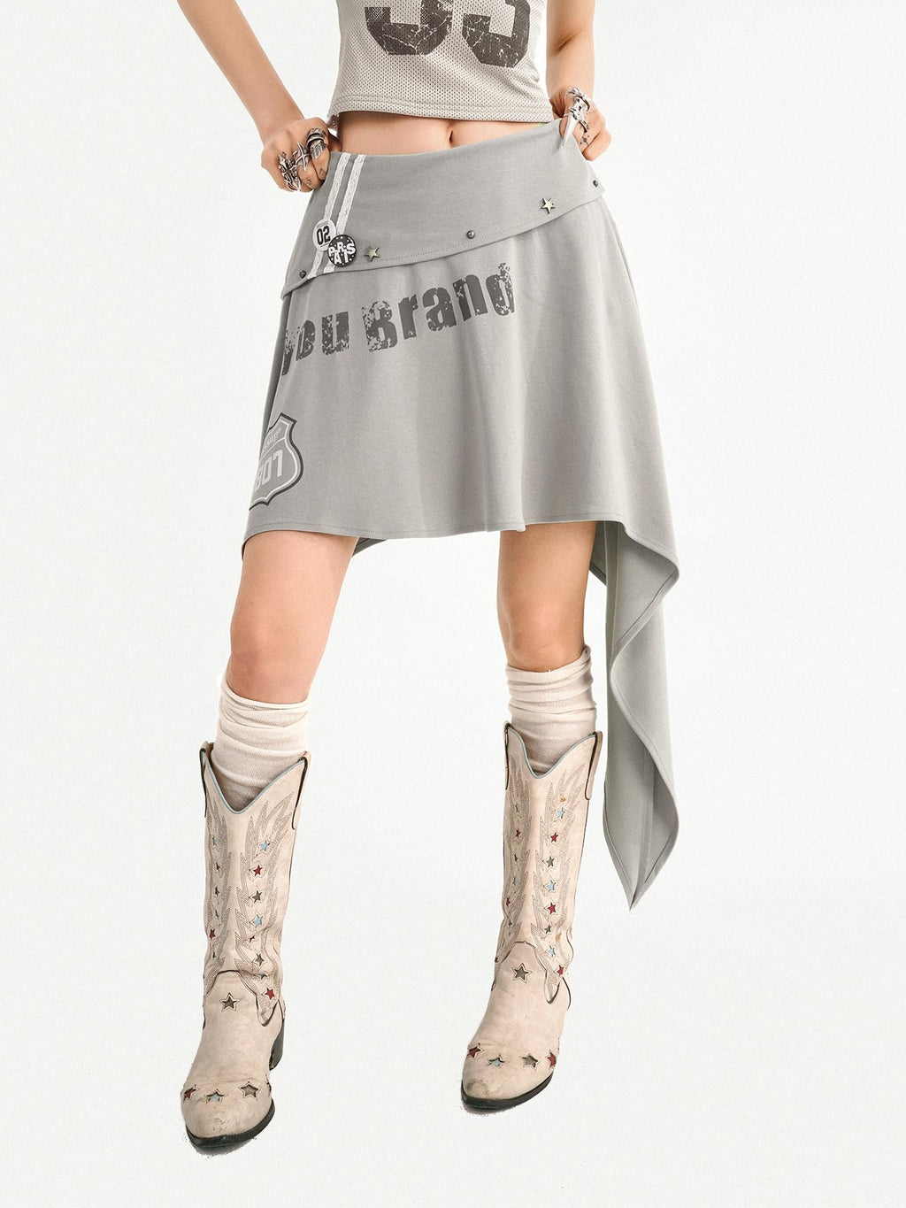 Nico Molly Asymmetrical Irregular Hem Slim Fit Mid Waist Side Zipper Blue Gray Midi Skirts