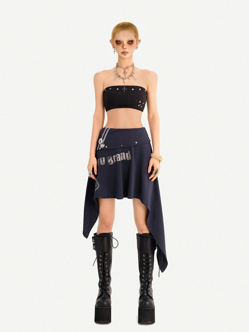 Nico Molly Asymmetrical Irregular Hem Slim Fit Mid Waist Side Zipper Blue Gray Midi Skirts