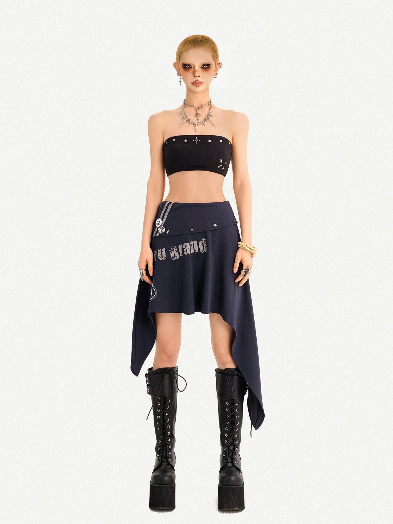 Nico Molly Asymmetrical Irregular Hem Slim Fit Mid Waist Side Zipper Blue Gray Midi Skirts