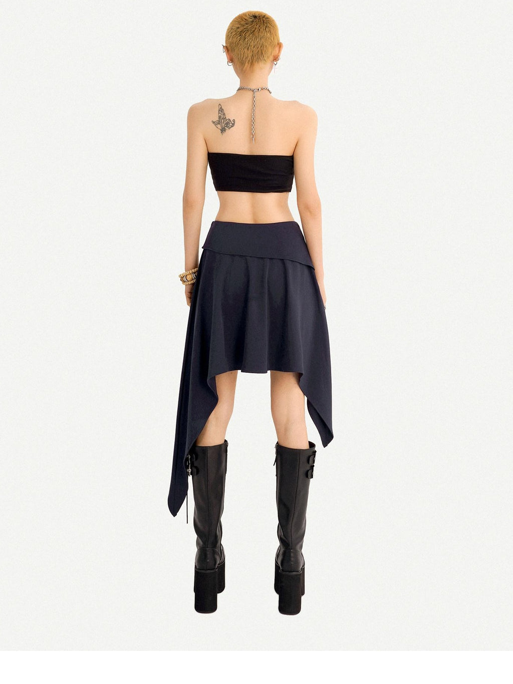 Nico Molly Asymmetrical Irregular Hem Slim Fit Mid Waist Side Zipper Blue Gray Midi Skirts