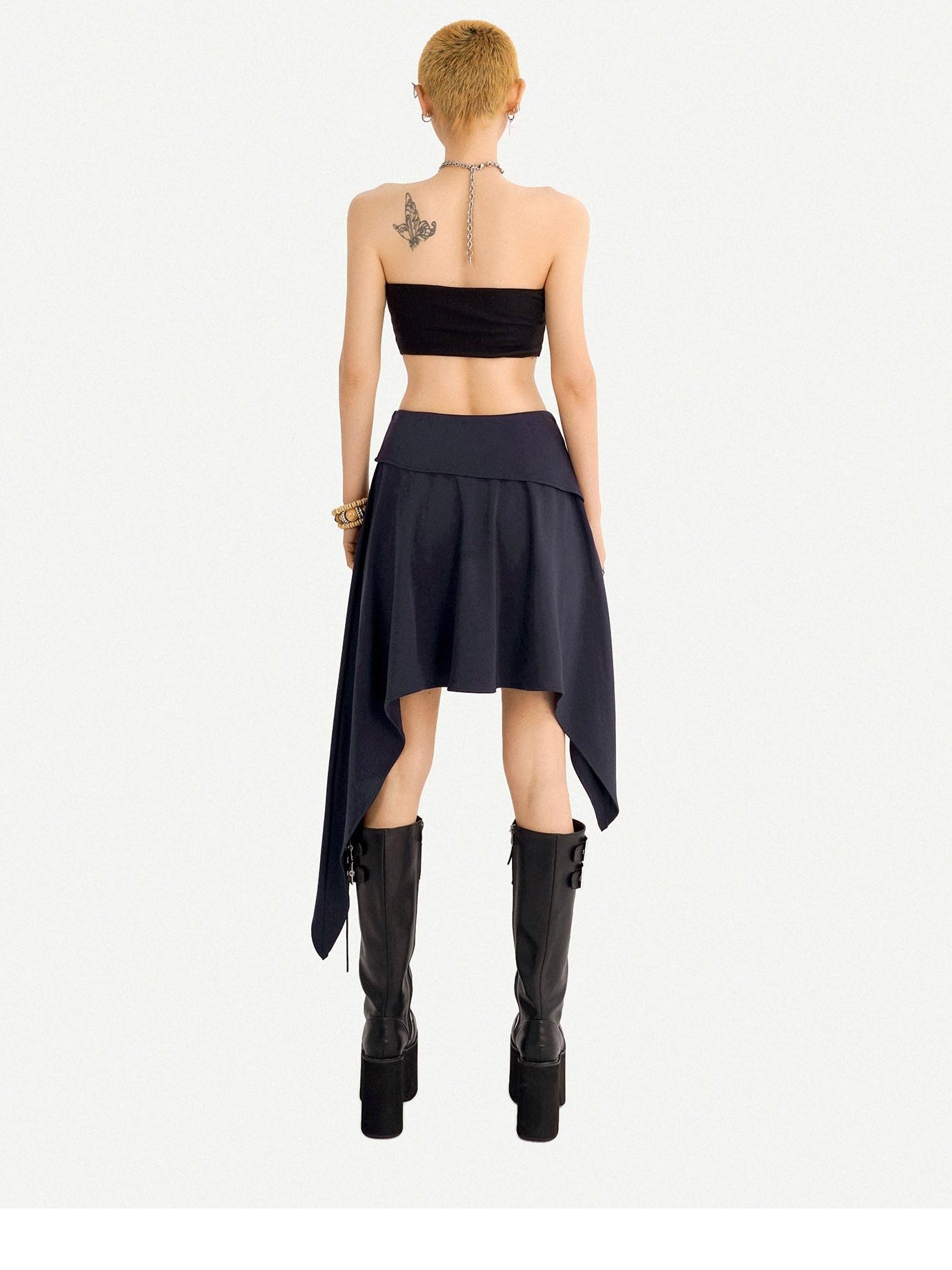 Nico Molly Asymmetrical Irregular Hem Slim Fit Mid Waist Side Zipper Blue Gray Midi Skirts