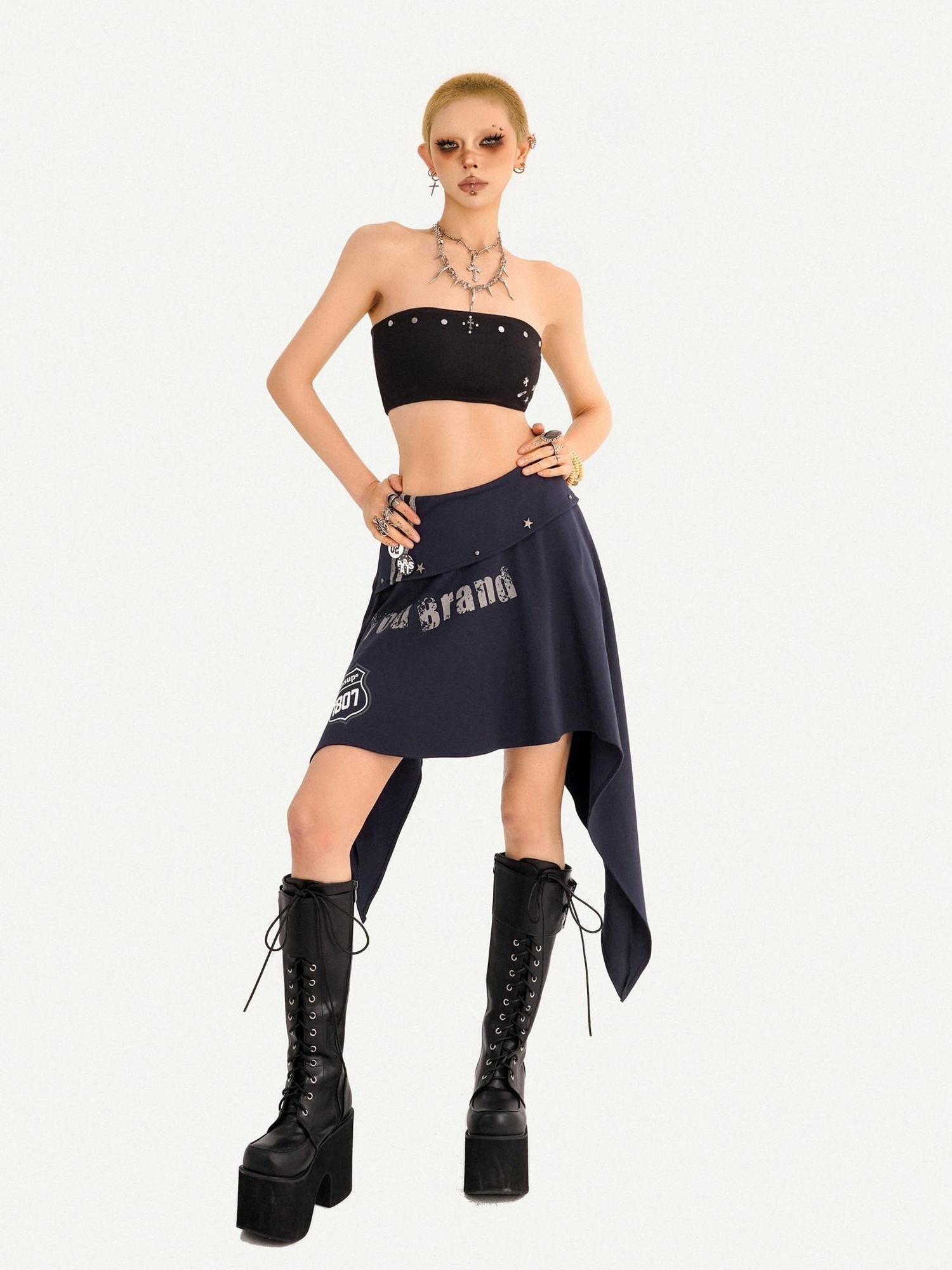 Nico Molly Asymmetrical Irregular Hem Slim Fit Mid Waist Side Zipper Blue Gray Midi Skirts