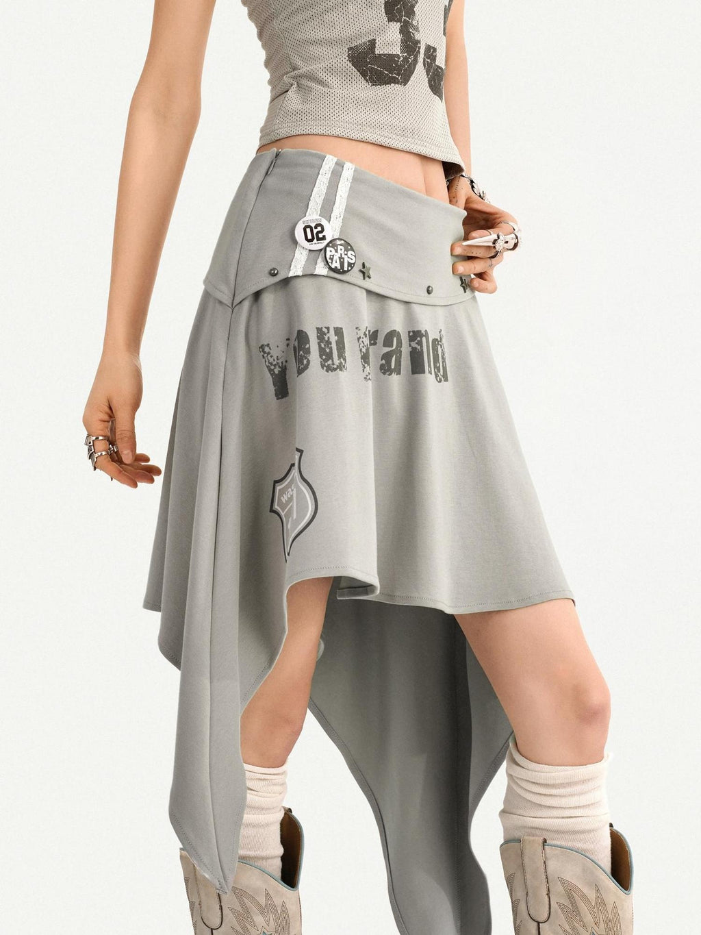 Nico Molly Asymmetrical Irregular Hem Slim Fit Mid Waist Side Zipper Blue Gray Midi Skirts