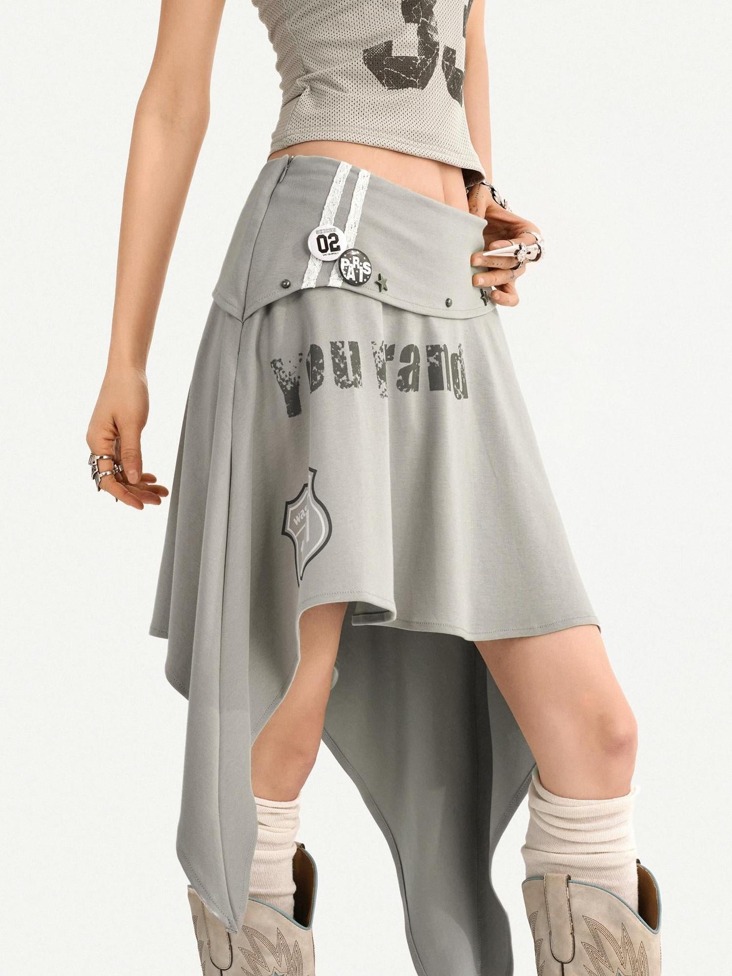 Nico Molly Asymmetrical Irregular Hem Slim Fit Mid Waist Side Zipper Blue Gray Midi Skirts