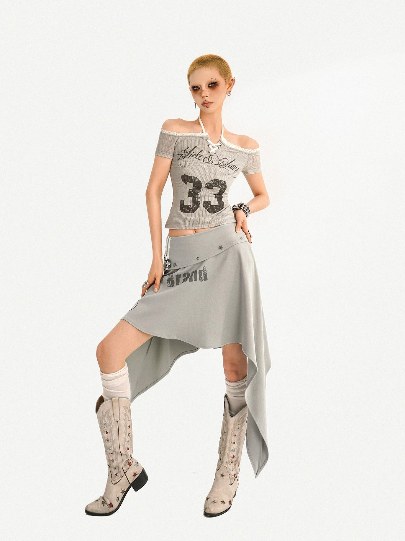 Nico Molly Asymmetrical Irregular Hem Slim Fit Mid Waist Side Zipper Blue Gray Midi Skirts