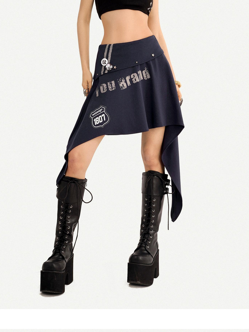 Nico Molly Asymmetrical Irregular Hem Slim Fit Mid Waist Side Zipper Blue Gray Midi Skirts