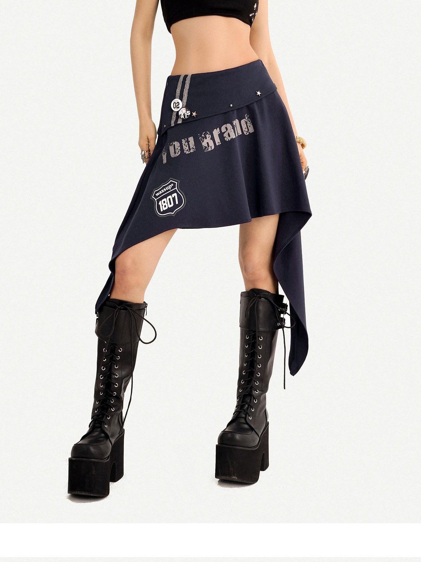 Nico Molly Asymmetrical Irregular Hem Slim Fit Mid Waist Side Zipper Blue Gray Midi Skirts