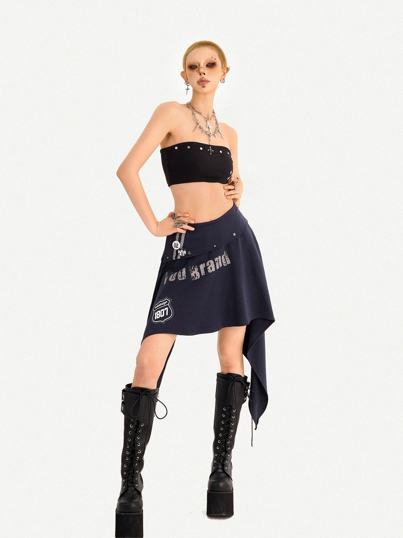 Nico Molly Asymmetrical Irregular Hem Slim Fit Mid Waist Side Zipper Blue Gray Midi Skirts