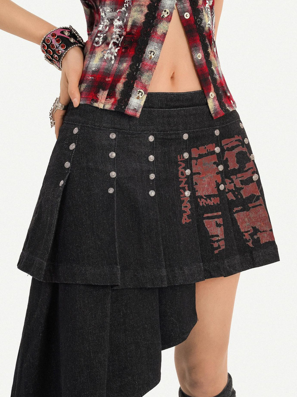 Nico Molly Asymmetrical Low Waist Pleated Patchwork Straight Fit Black Women Midi Skirts