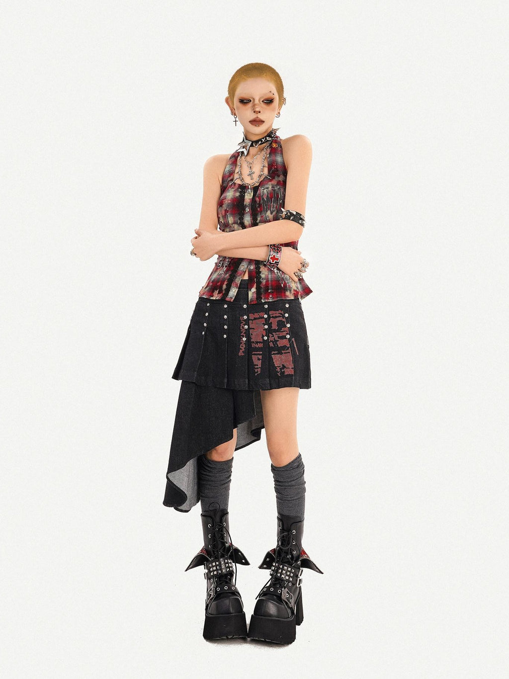 Nico Molly Asymmetrical Low Waist Pleated Patchwork Straight Fit Black Women Midi Skirts