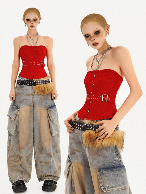 Nico Molly Backless Slim Fit Street Style Short Solid Red Party Casual Women Tube Tops
