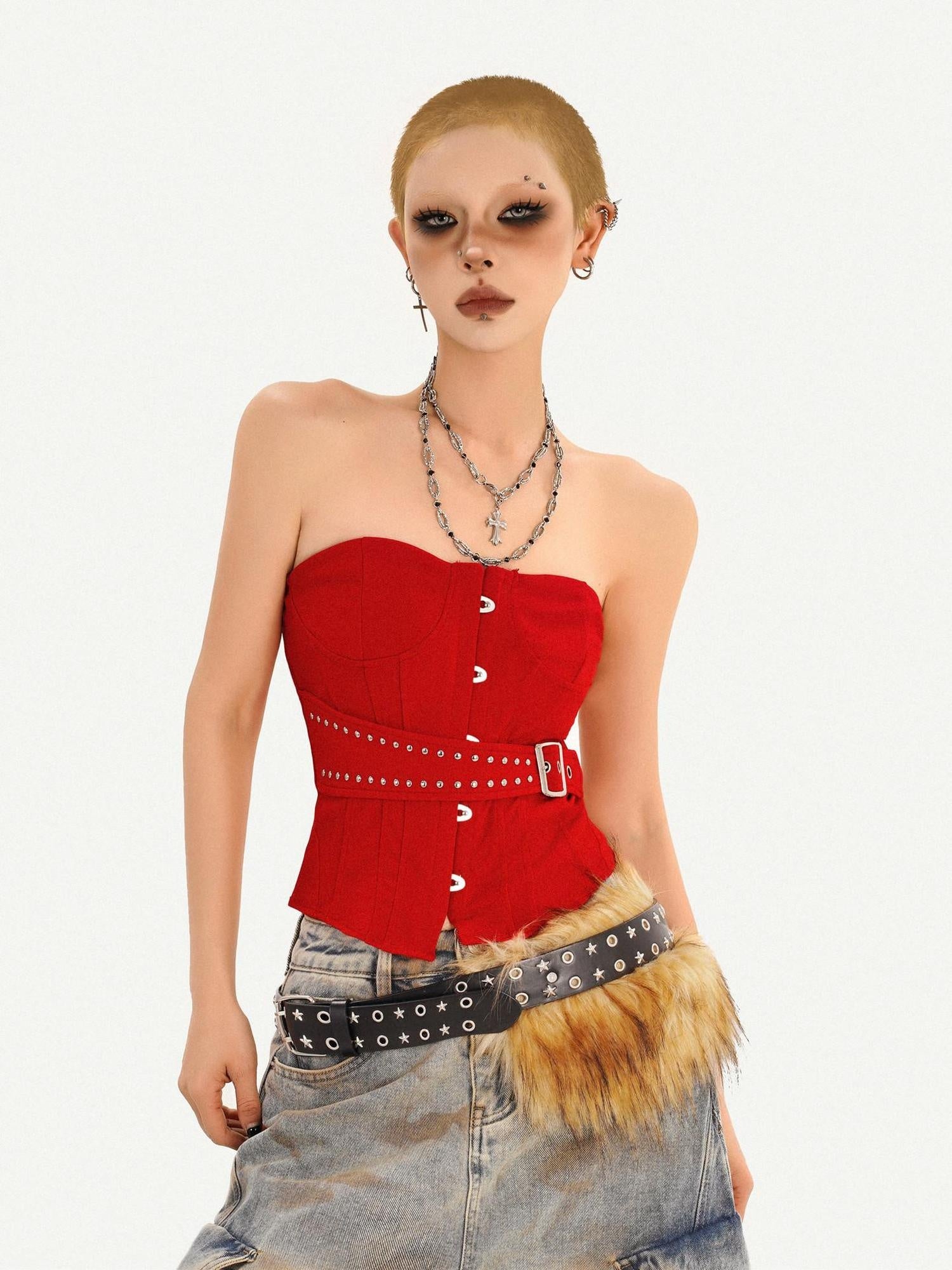 Nico Molly Backless Slim Fit Street Style Short Solid Red Party Casual Women Tube Tops