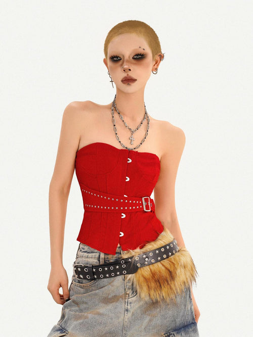 Nico Molly Backless Slim Fit Street Style Short Solid Red Party Casual Women Tube Tops