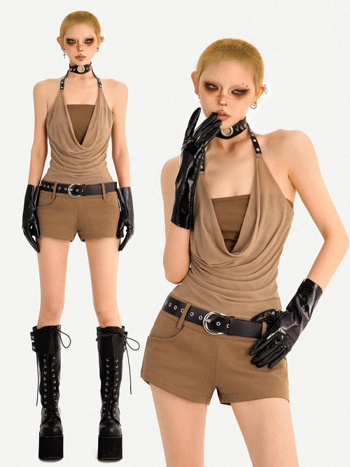 Nico Molly Belted High Waist Straight Cut Street Style Casual Brown Women Top & Shorts Sets