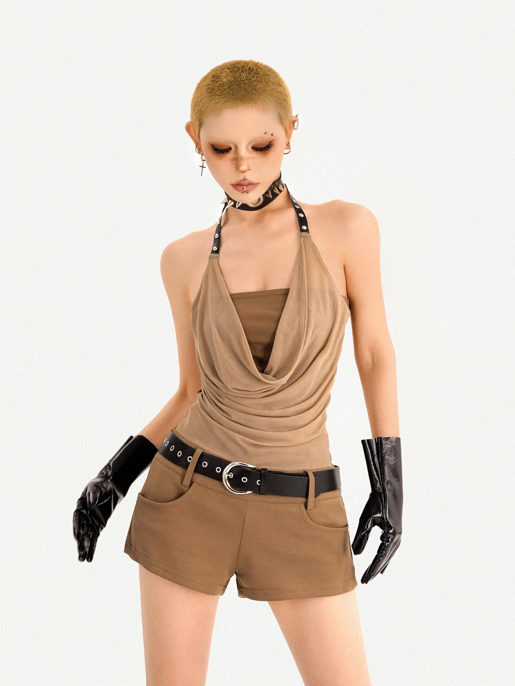 Nico Molly Belted High Waist Straight Cut Street Style Casual Brown Women Top & Shorts Sets