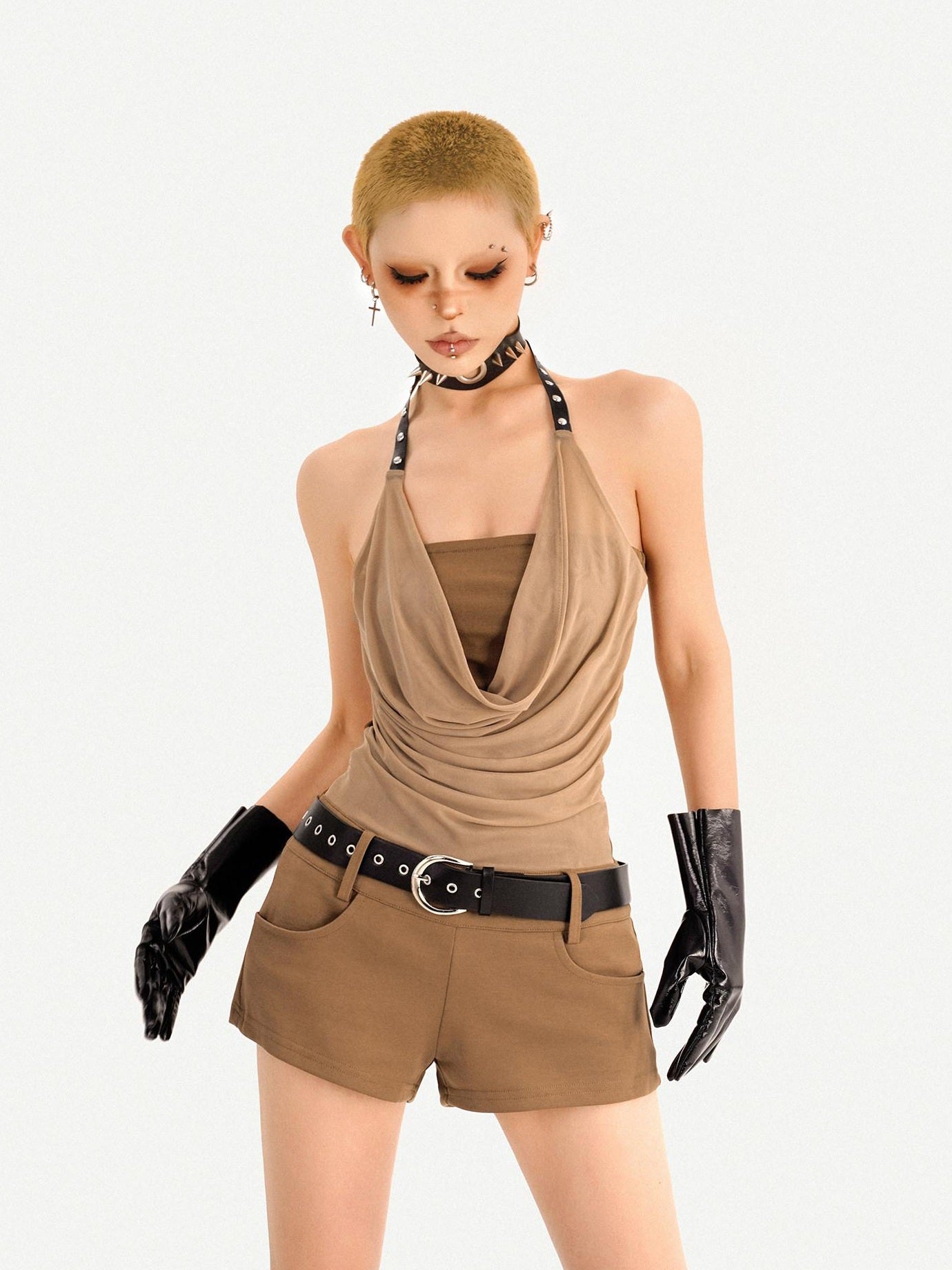 Nico Molly Belted High Waist Straight Cut Street Style Casual Brown Women Top & Shorts Sets