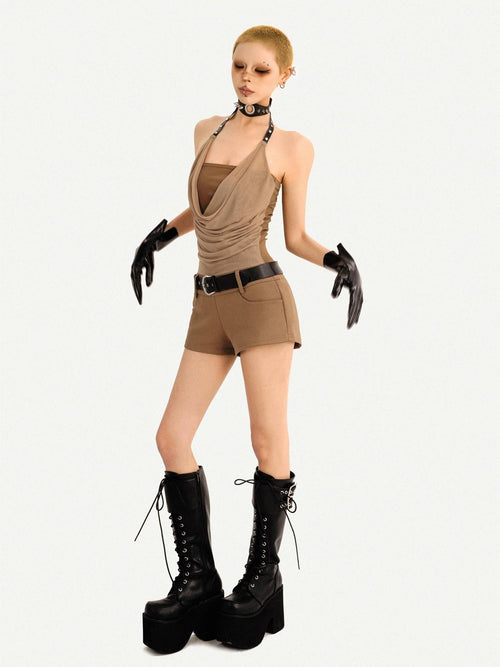 Nico Molly Belted High Waist Straight Cut Street Style Casual Brown Women Top & Shorts Sets