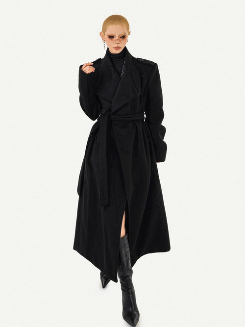 Nico Molly Belted Loose Notch Collar Office Ol Workwear Women Black Gray Long Coats