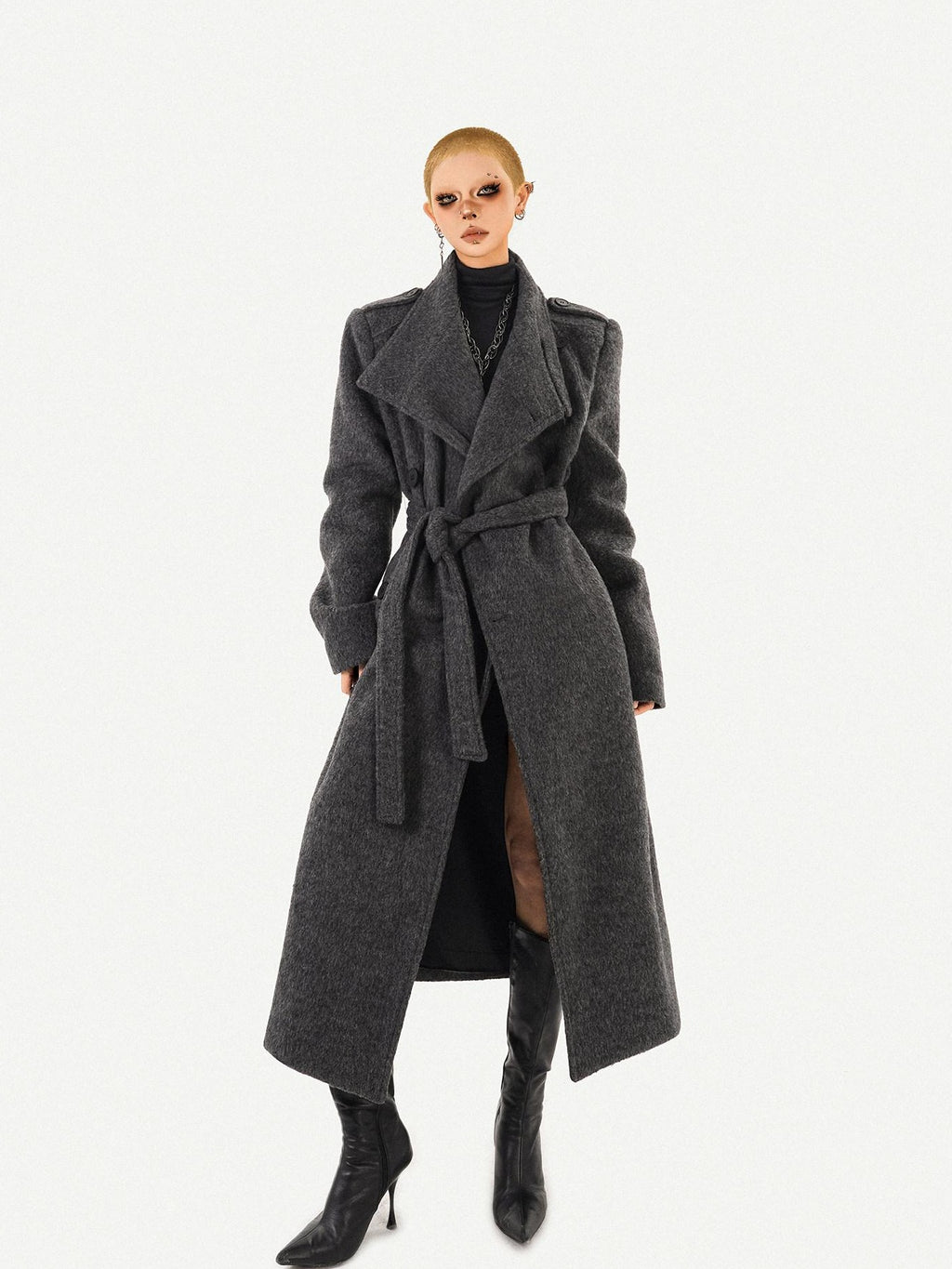 Nico Molly Belted Loose Notch Collar Office Ol Workwear Women Black Gray Long Coats