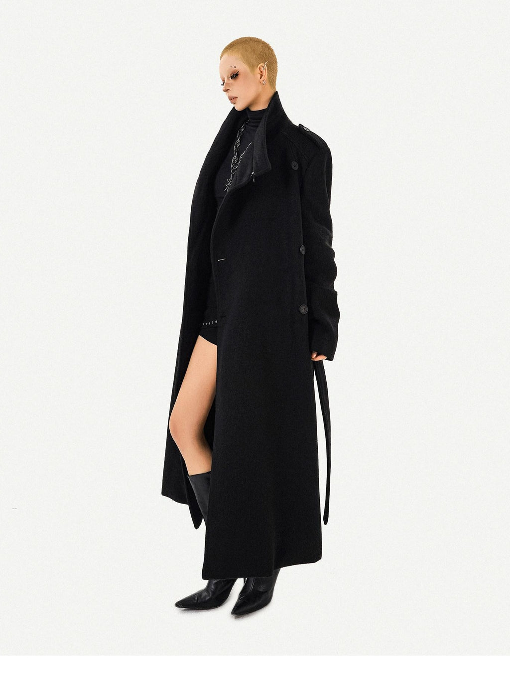 Nico Molly Belted Loose Notch Collar Office Ol Workwear Women Black Gray Long Coats