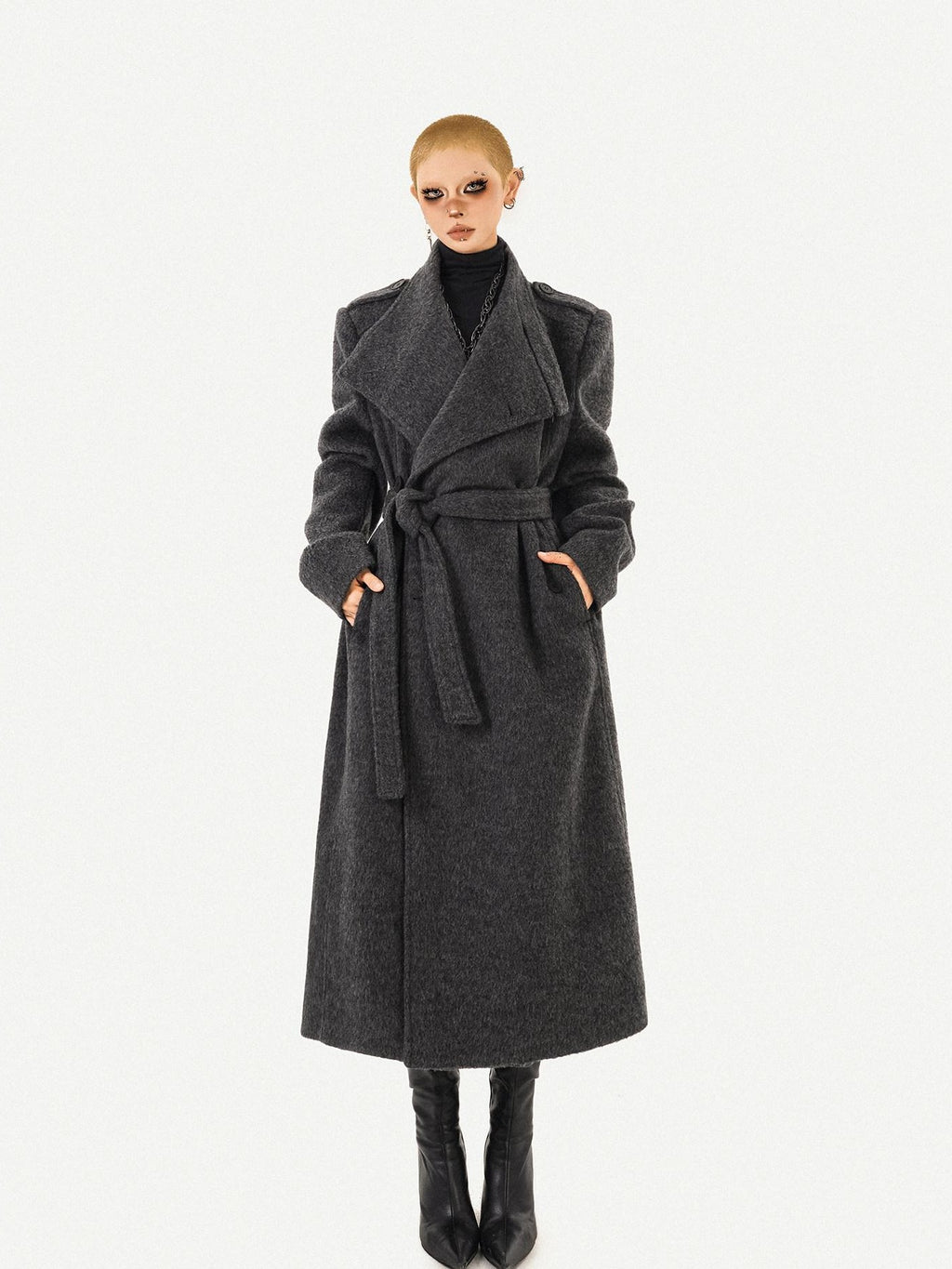 Nico Molly Belted Loose Notch Collar Office Ol Workwear Women Black Gray Long Coats
