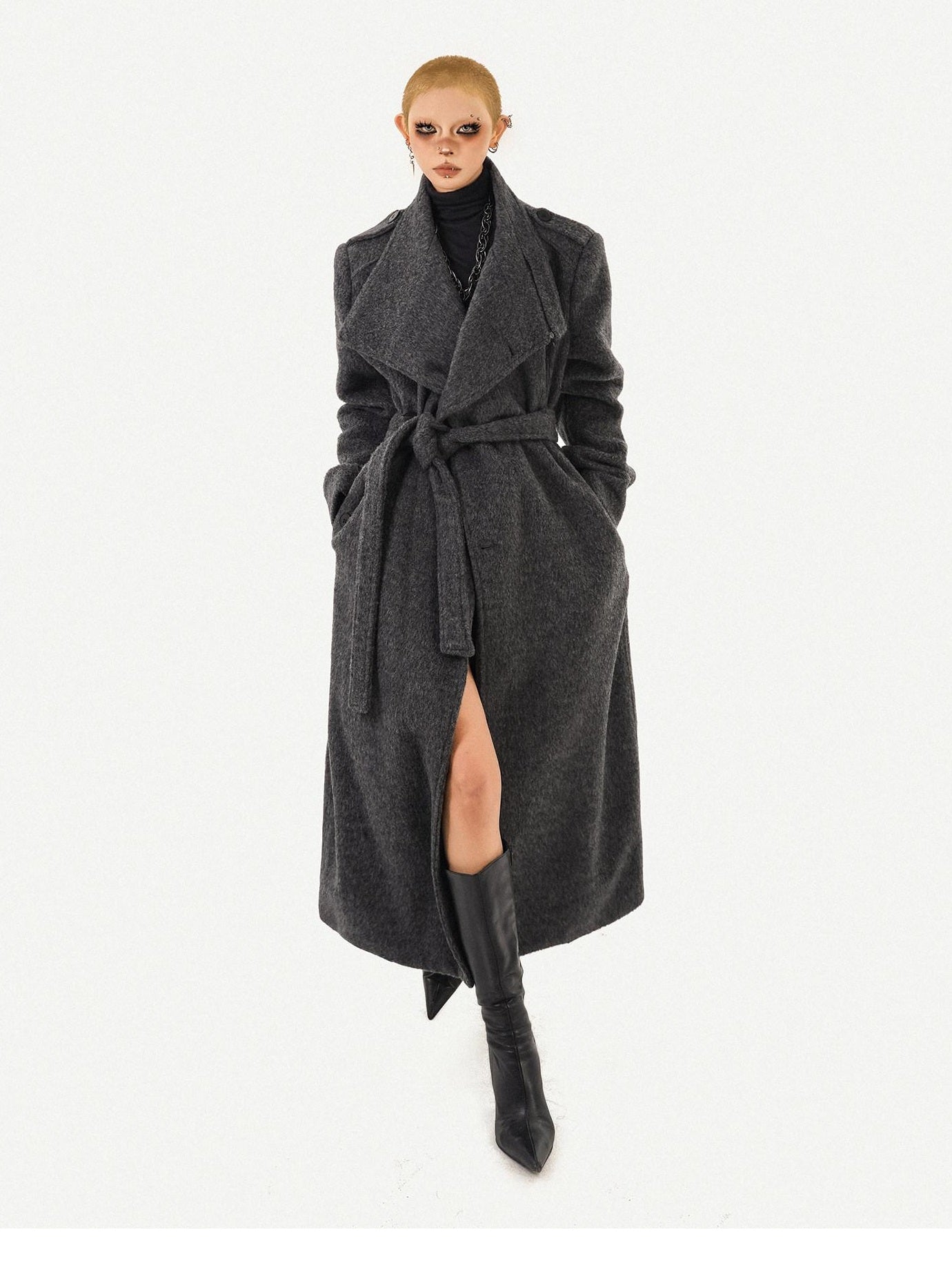 Nico Molly Belted Loose Notch Collar Office Ol Workwear Women Black Gray Long Coats
