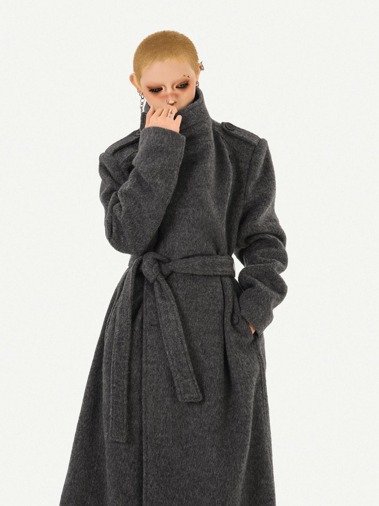 Nico Molly Belted Loose Notch Collar Office Ol Workwear Women Black Gray Long Coats