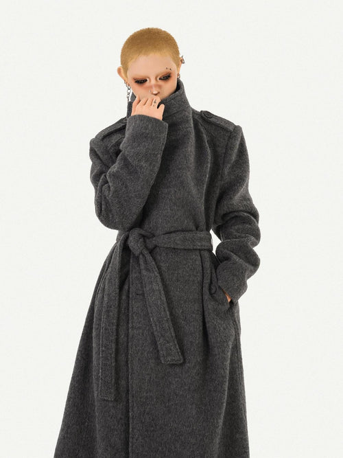Nico Molly Belted Loose Notch Collar Office Ol Workwear Women Black Gray Long Coats