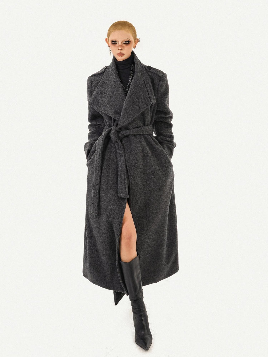 Nico Molly Belted Loose Notch Collar Office Ol Workwear Women Black Gray Long Coats