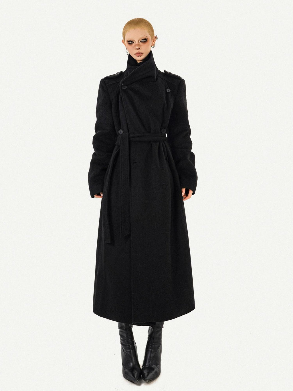 Nico Molly Belted Loose Notch Collar Office Ol Workwear Women Black Gray Long Coats