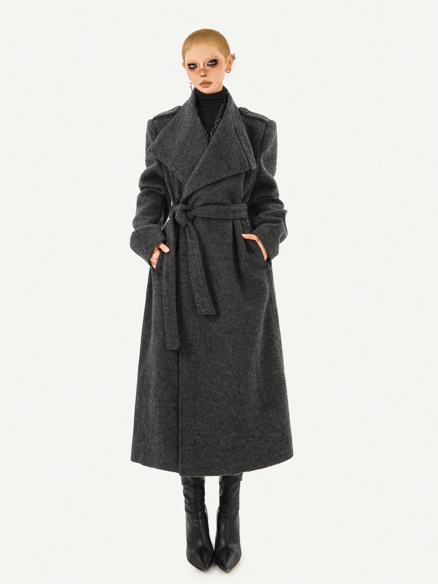 Nico Molly Belted Loose Notch Collar Office Ol Workwear Women Black Gray Long Coats