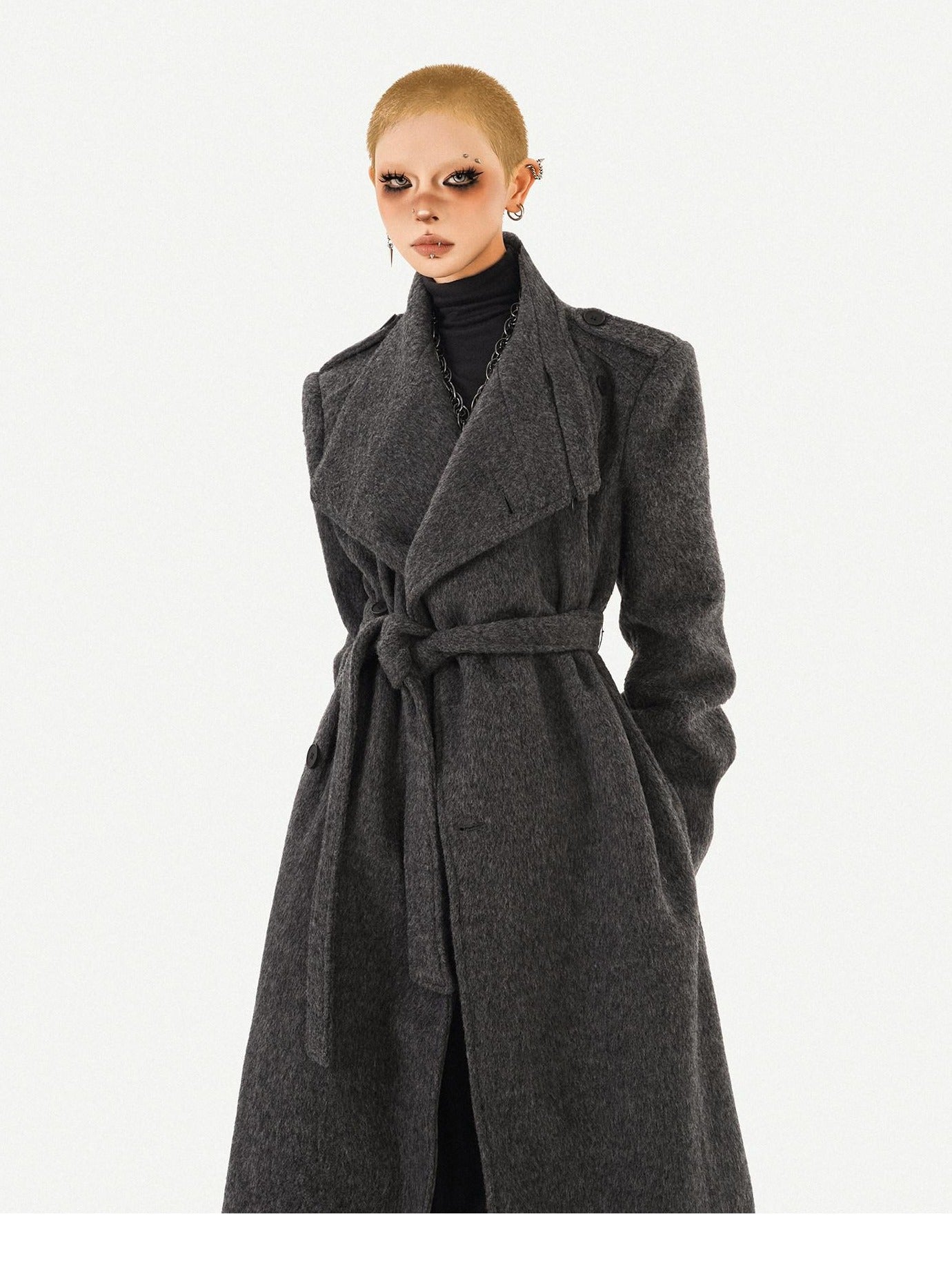 Nico Molly Belted Loose Notch Collar Office Ol Workwear Women Black Gray Long Coats