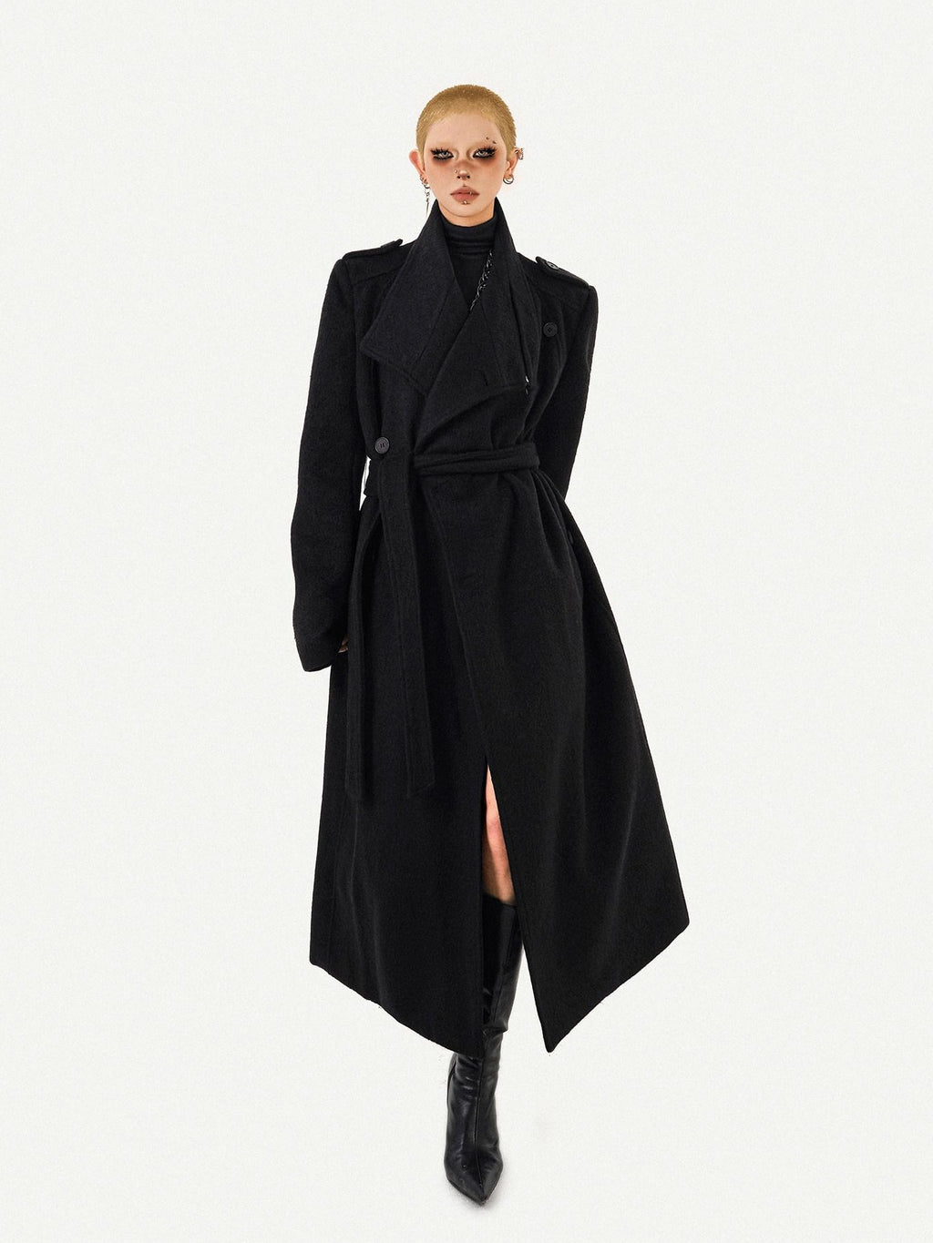 Nico Molly Belted Loose Notch Collar Office Ol Workwear Women Black Gray Long Coats