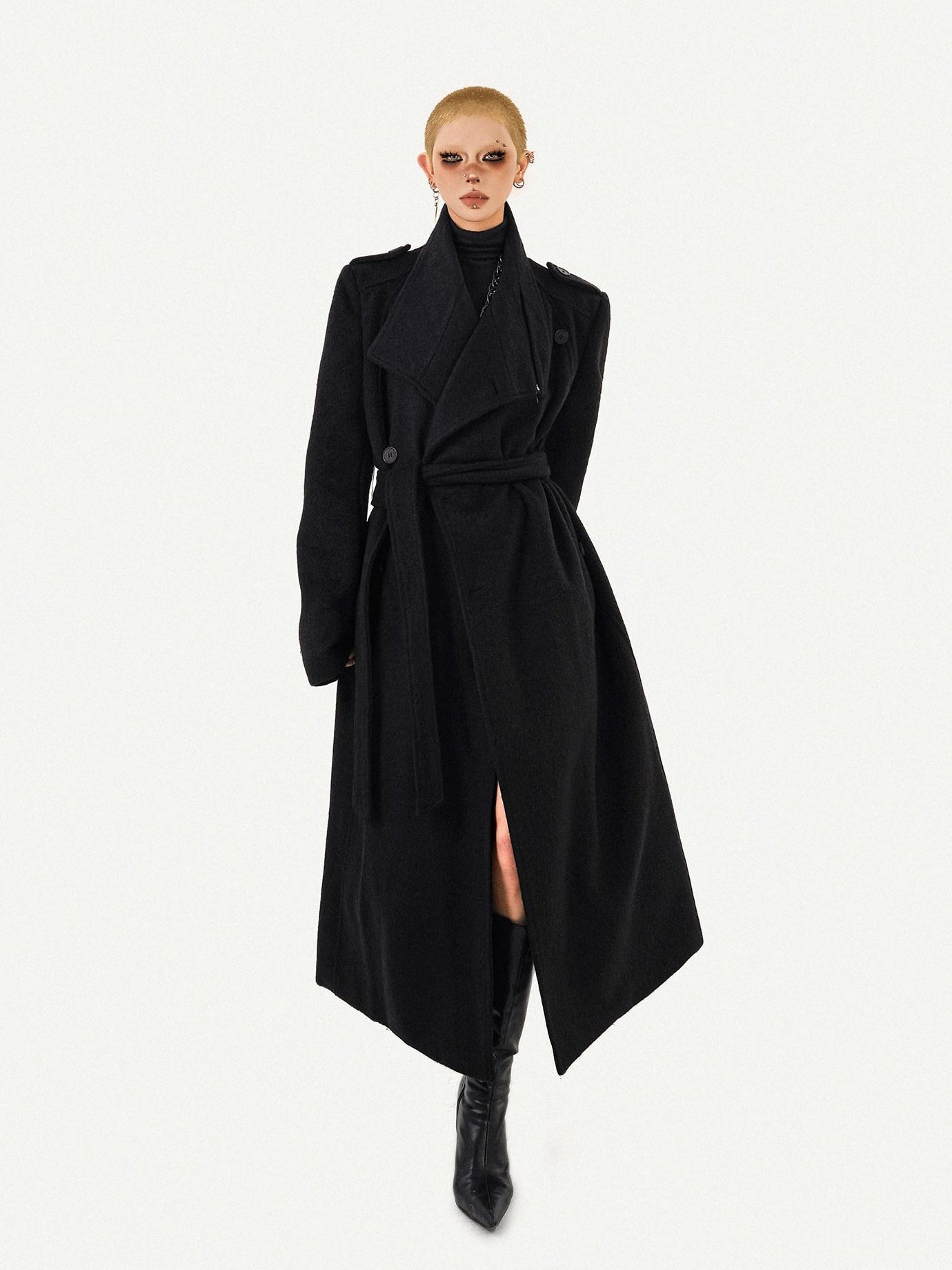 Nico Molly Belted Loose Notch Collar Office Ol Workwear Women Black Gray Long Coats