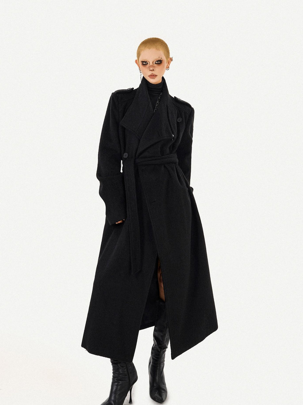 Nico Molly Belted Loose Notch Collar Office Ol Workwear Women Black Gray Long Coats