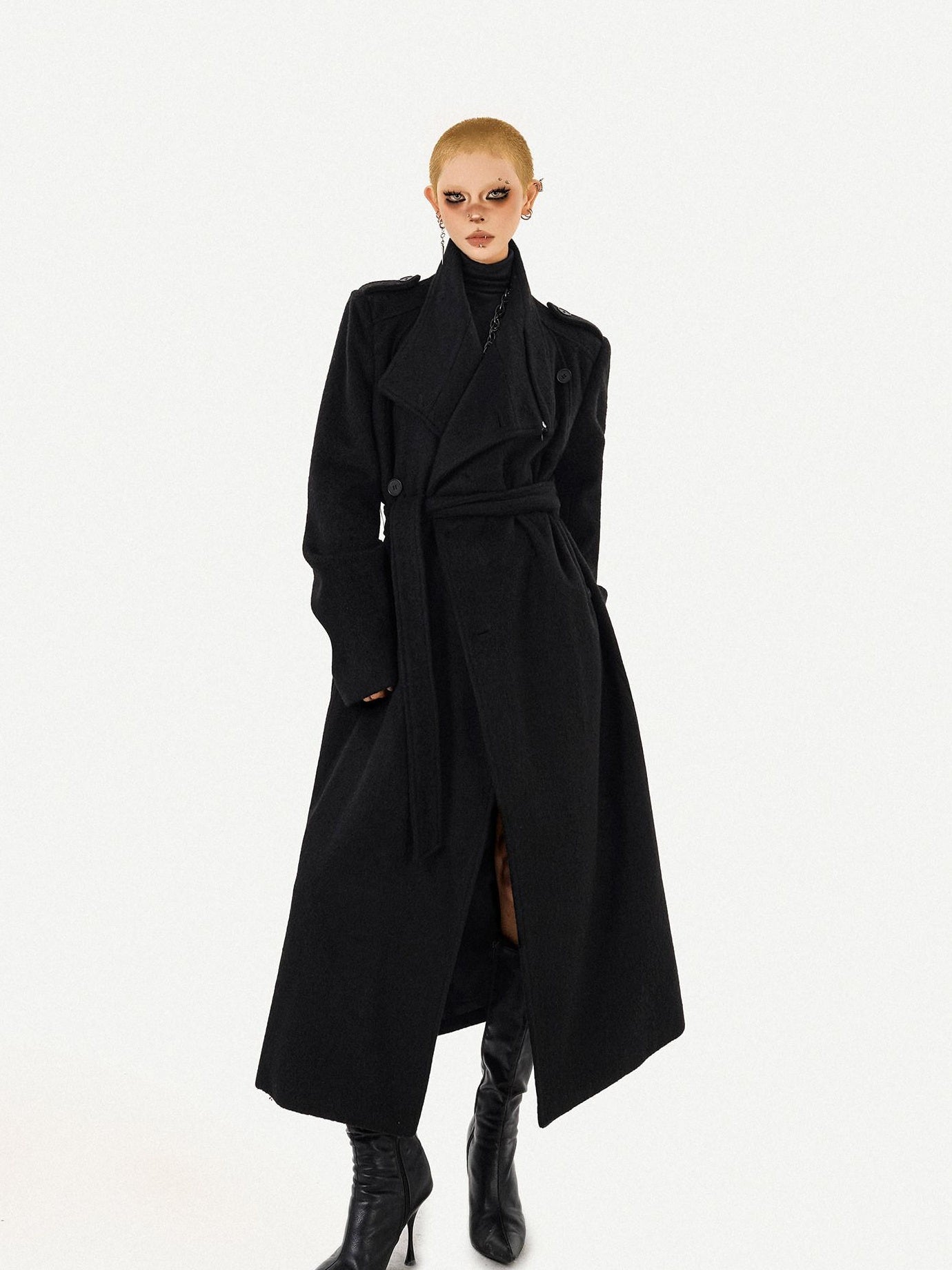 Nico Molly Belted Loose Notch Collar Office Ol Workwear Women Black Gray Long Coats