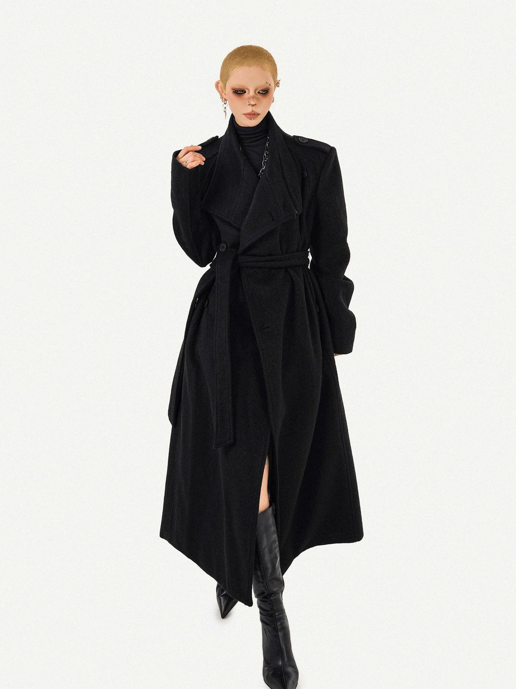 Nico Molly Belted Loose Notch Collar Office Ol Workwear Women Black Gray Long Coats