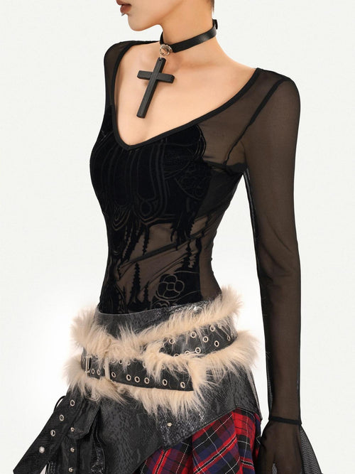 Nico Molly Black Mesh Floral V-neck Bell Sleeve Slim Fit Dark Goth Long Sleeve Crop Tops